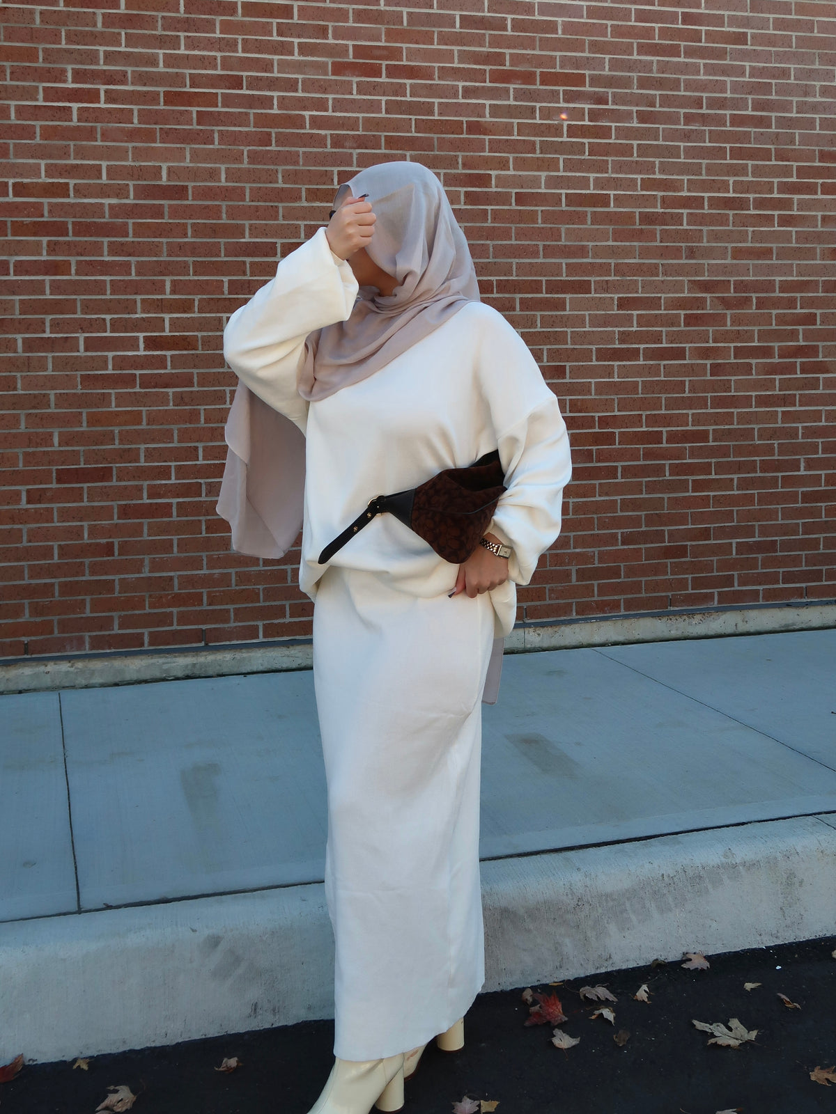 Two Piece Skirt and Crewneck Sweater Set - Cream