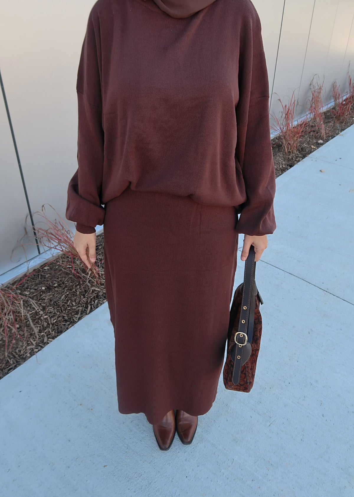 Two Piece Skirt and Crewneck Sweater Set - Chocolate