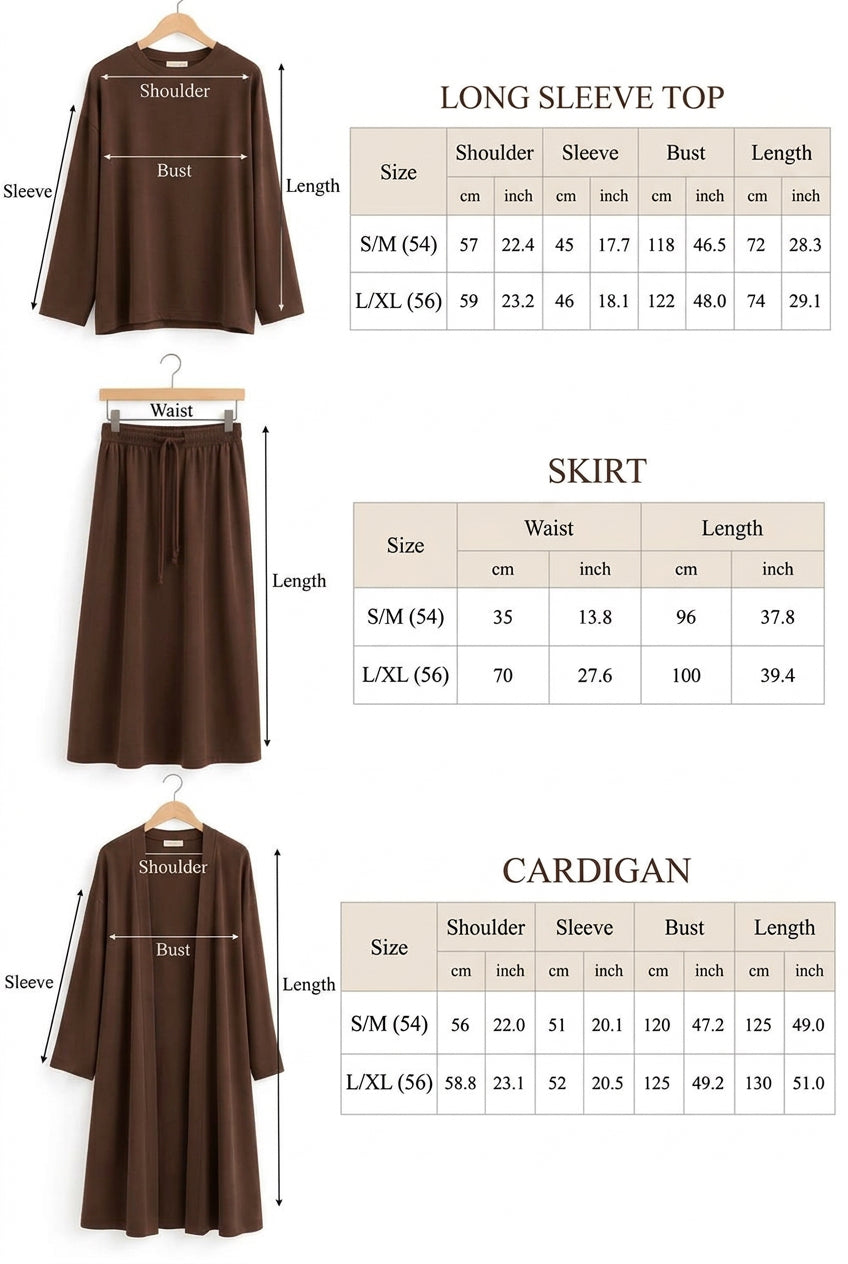3 Piece Knit Top Skirt and Cardigan - Chocolate Brown