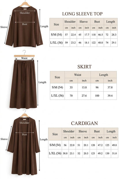 3 Piece Knit Top Skirt and Cardigan - Chocolate Brown
