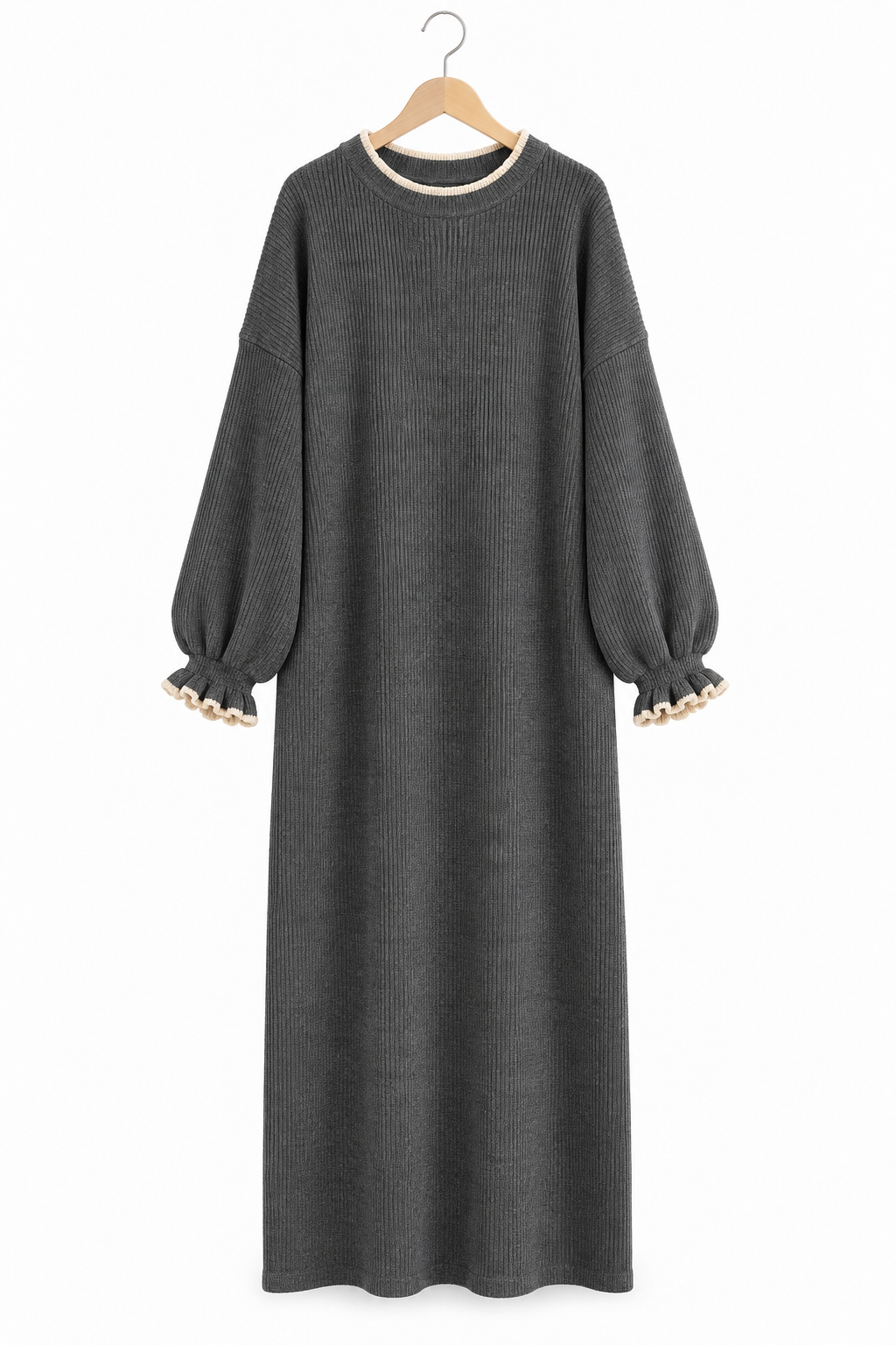 Oversized Ribbed Dress with Ruffled Sleeves and Collar - Grey