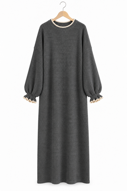 Oversized Ribbed Dress with Ruffled Sleeves and Collar - Grey