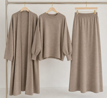 3 Piece Knit Top Skirt and Cardigan - Taupe