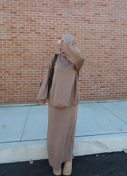 Two Piece Skirt and Crewneck Sweater Set - Taupe