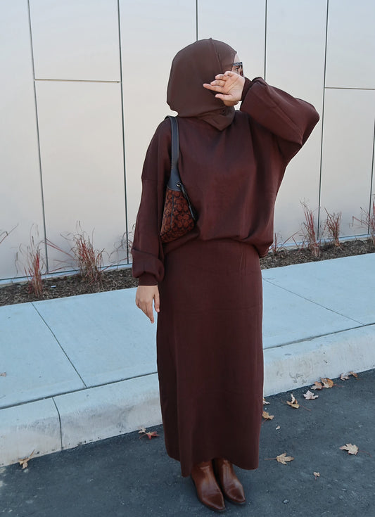Two Piece Skirt and Crewneck Sweater Set - Chocolate