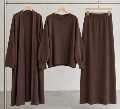 3 Piece Knit Top Skirt and Cardigan - Chocolate Brown