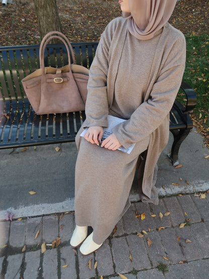 3 Piece Knit Top Skirt and Cardigan - Taupe