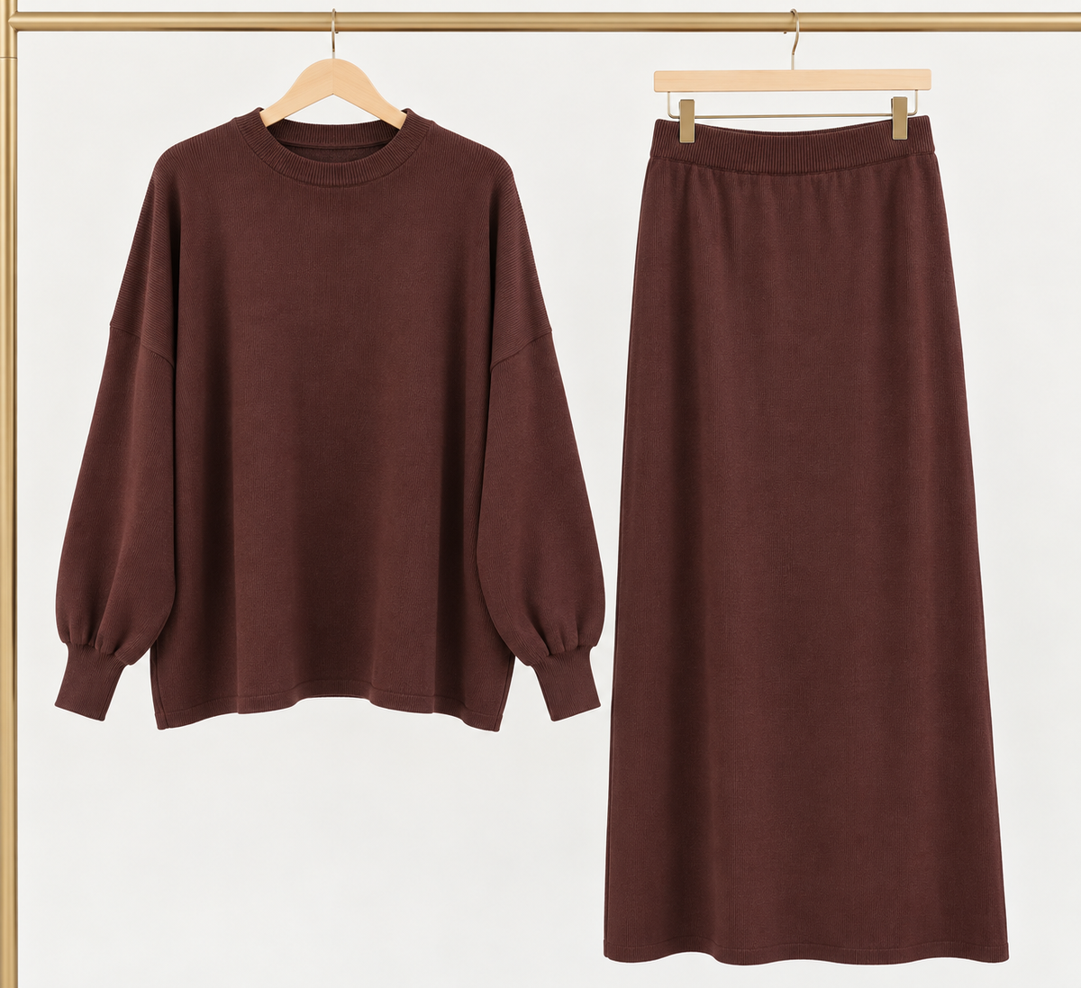 Two Piece Skirt and Crewneck Sweater Set - Chocolate