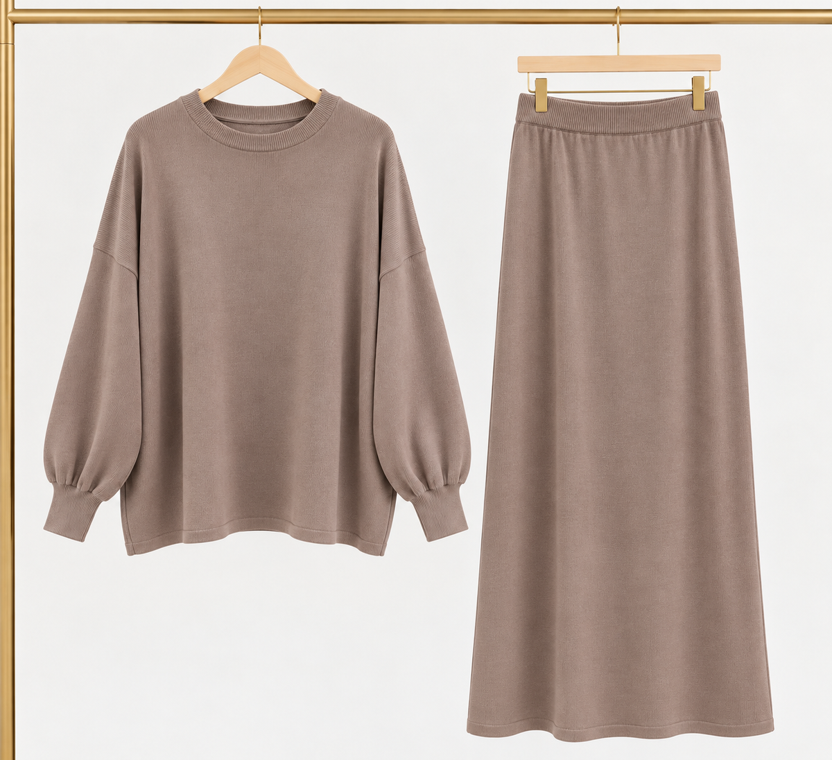 Two Piece Skirt and Crewneck Sweater Set - Taupe