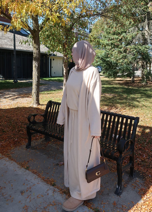 3 Piece Knit Top Skirt and Cardigan - Beige