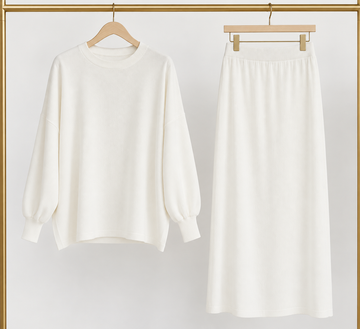Two Piece Skirt and Crewneck Sweater Set - Cream