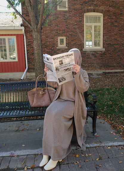 3 Piece Knit Top Skirt and Cardigan - Taupe