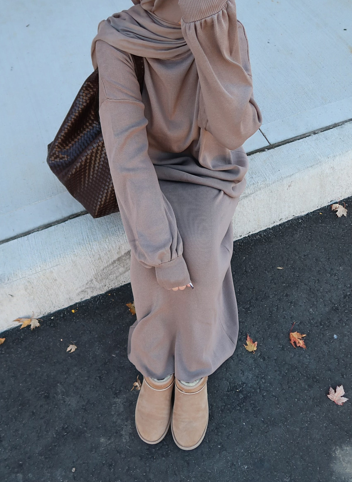 Two Piece Skirt and Crewneck Sweater Set - Taupe